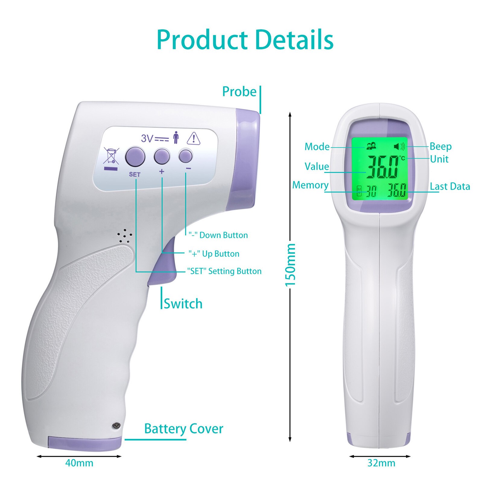 Non-contact Infrared Thermometer Body Temperature Measuring Meter Dual Mode Color Backlight °C/℉ Switchable Thermometer