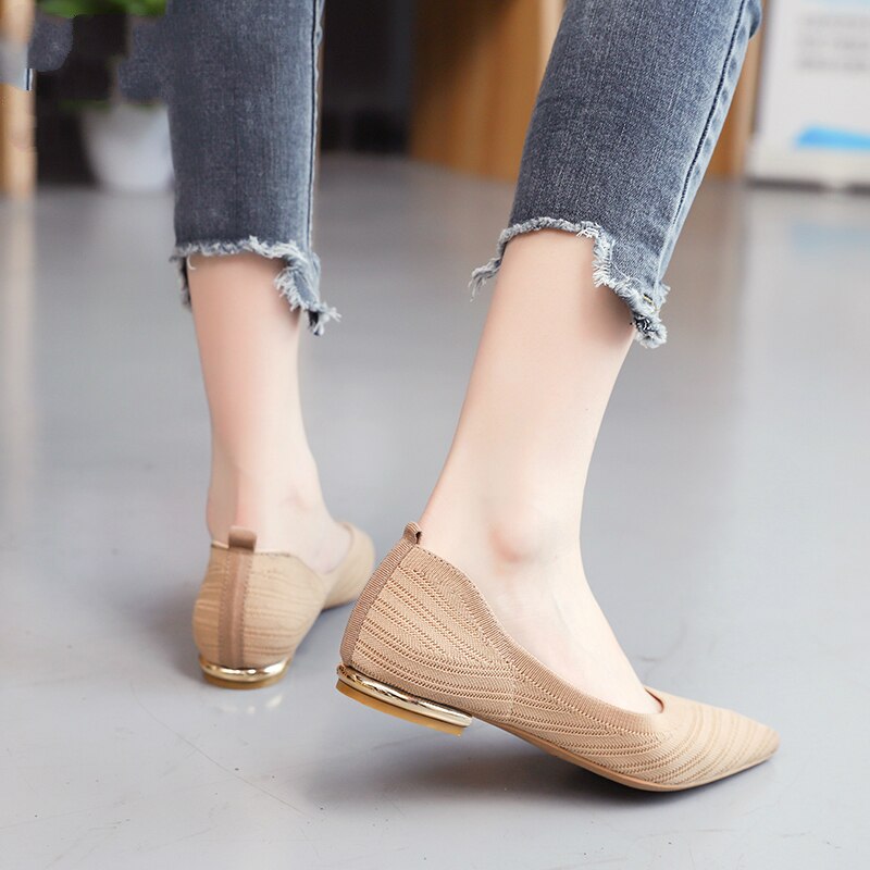 Chaussures de Ballet à bout pointu pour femmes, mocassins souples et confortables à enfiler, en tricot, décontractées