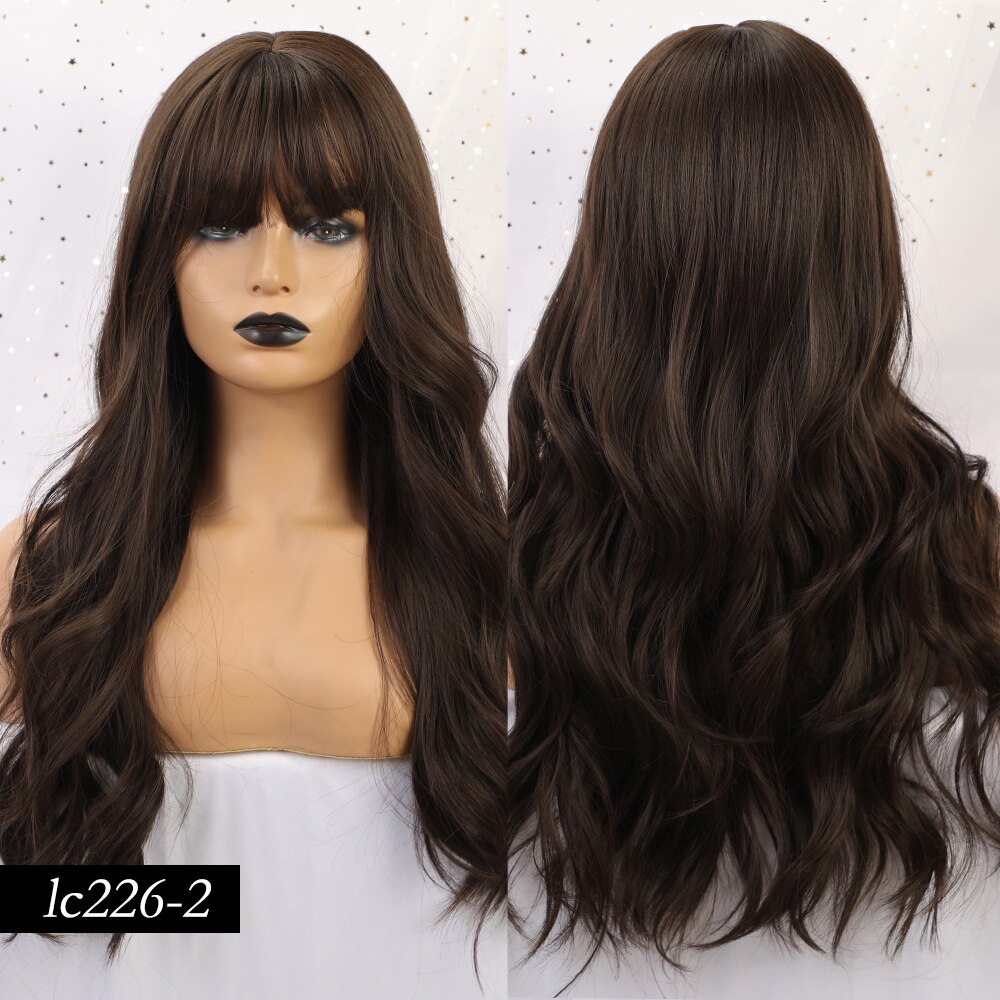 Peluca rubia larga de color marrón con ondas naturales sintéticas y flequillo para fiestas o uso diario: lc226-2