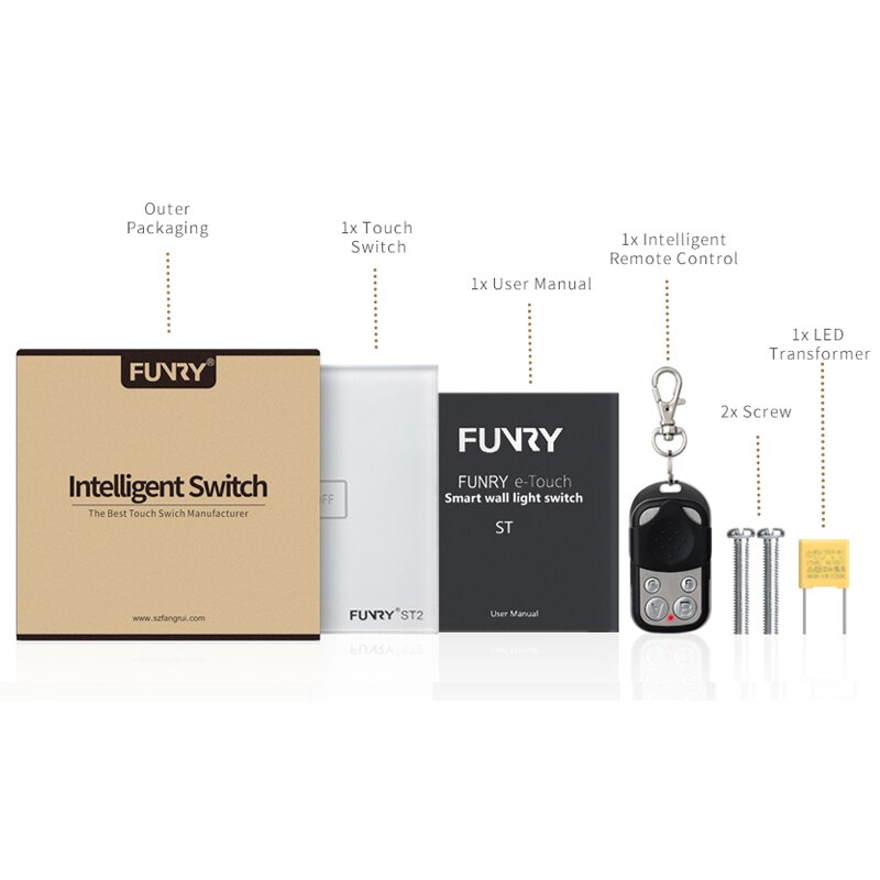 Original Funry ST2 1 Gang Interruptor de Pared Interruptor Táctil Capacitiva de Lujo Templado Superficie De Cristal A Prueba de agua/A Prueba de Fuego Control Remoto