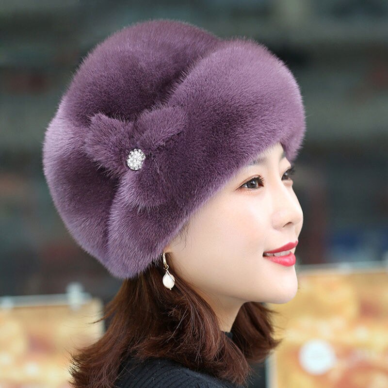 Faux Fur Trimmed Winter Hat for Women Fashionable Outdoor Warm Hats Birthday NIN668: Purple