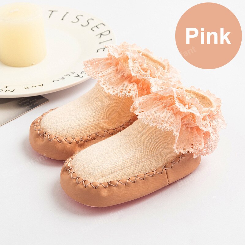 Sokken Meisje Kant Ruche Sokken Met Rubberen Zolen Voor Peuters Rubberen Zool Sokken Prinses Baby Sok Schoen slipper: pink / Insole 11.5cm
