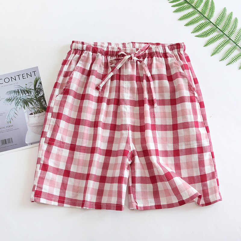 Shorts for Couple Women Cotton Sleep Bottoms Plaid Shorts Comfy Elastic Waist Home Pants Men Ladies Pajama Pants Beach Pants: Red pink plaid girl / L