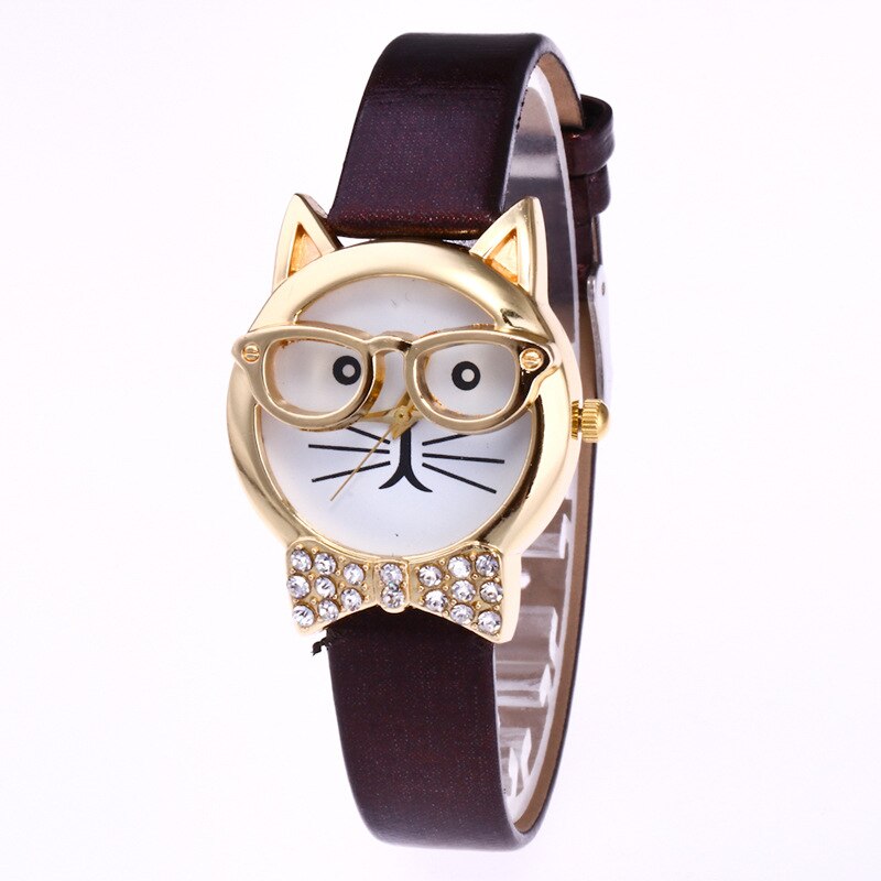 Hello kitty tegneserie sød kat bære briller børn se børn leopard ur fødselsdag studerende dreng pige farverigt ur: Sort