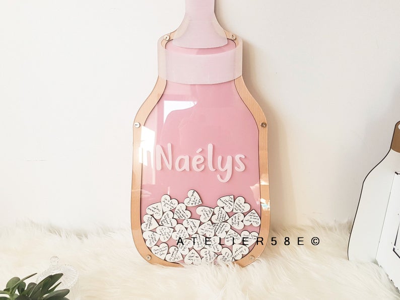 Baby bottle guest book nursing bottle guestbook vows for baby wood guestbook filled with hearts and sign on bottle baby shower