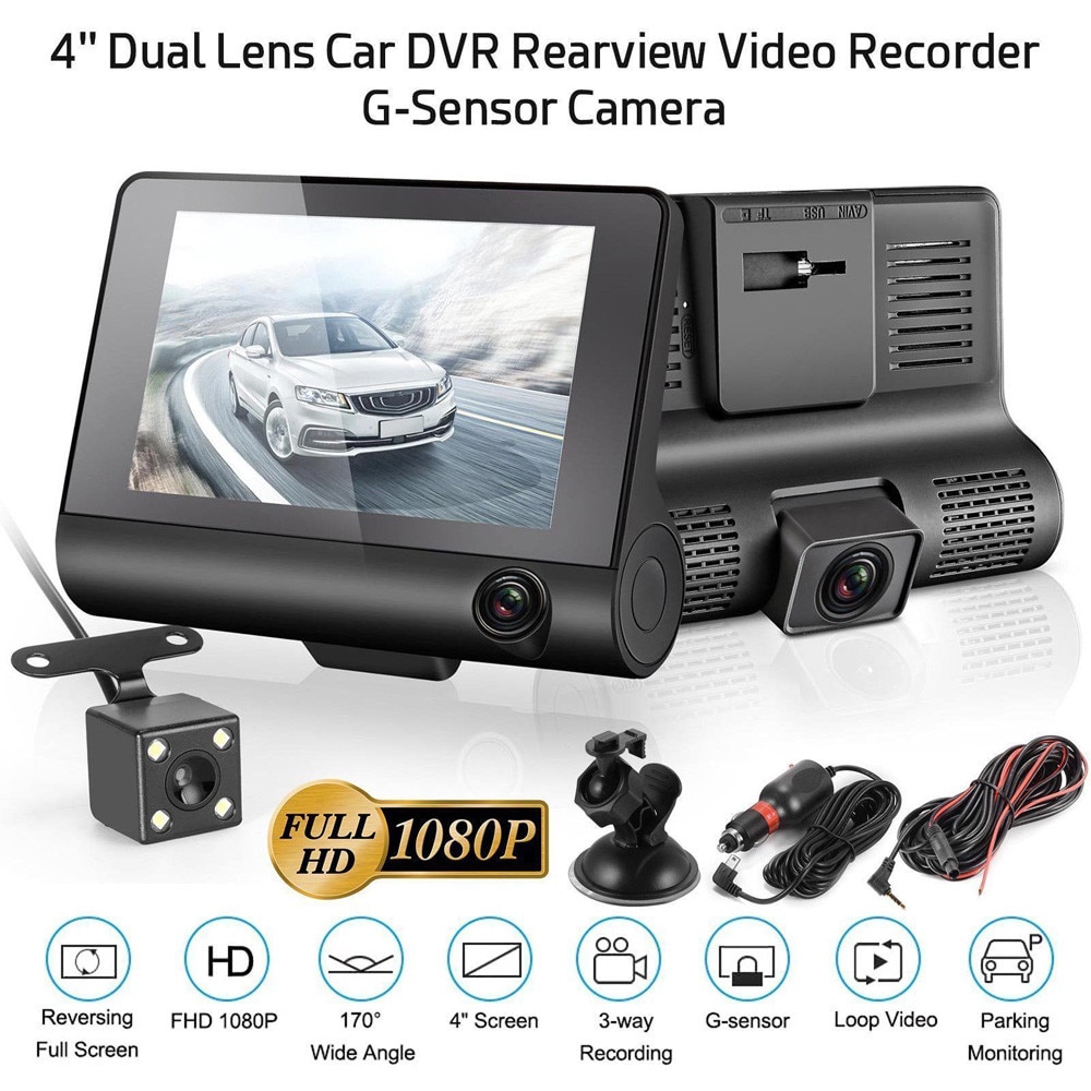 3 Lens Auto Dvr 4 Inch Hd 1080P Auto Camera Nachtzicht Draagbare Dash Cam Voertuig Video Recorder Auto achteruitrijcamera