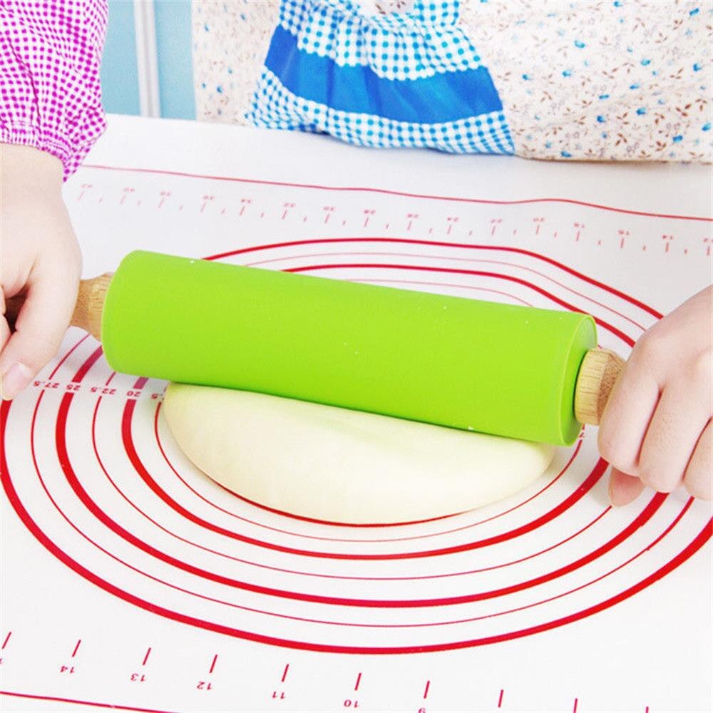 Non-Stick Silicone Rolling Pin Wooden Handle Pastry Dough Flour Roller Kitchen Cooking Baking Tool For Pasta Cookie Dough