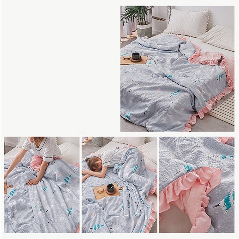 Zomerbeddengoed seersucker zomer koele quilt lotusblad rand reactieve print gewatteerde airconditioner quilt kleine frisse stijl