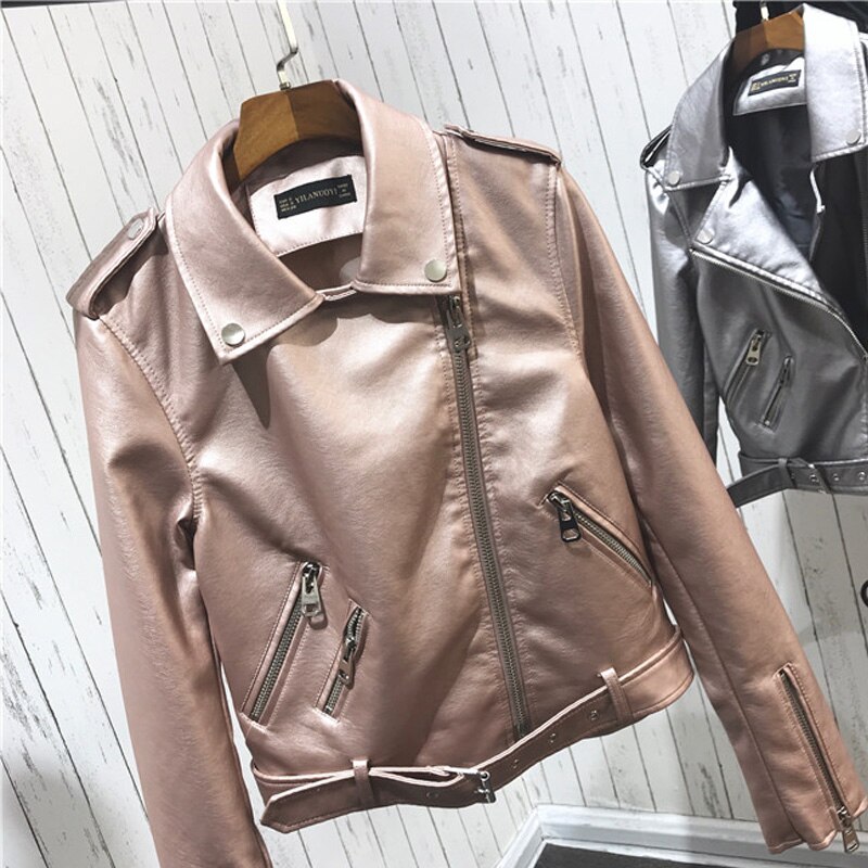 Silver Leather Jacket Women Metallic Motorcycle Short Jackets Lapel Zipper Biker Coat Soft Ladies Punk Streetwear