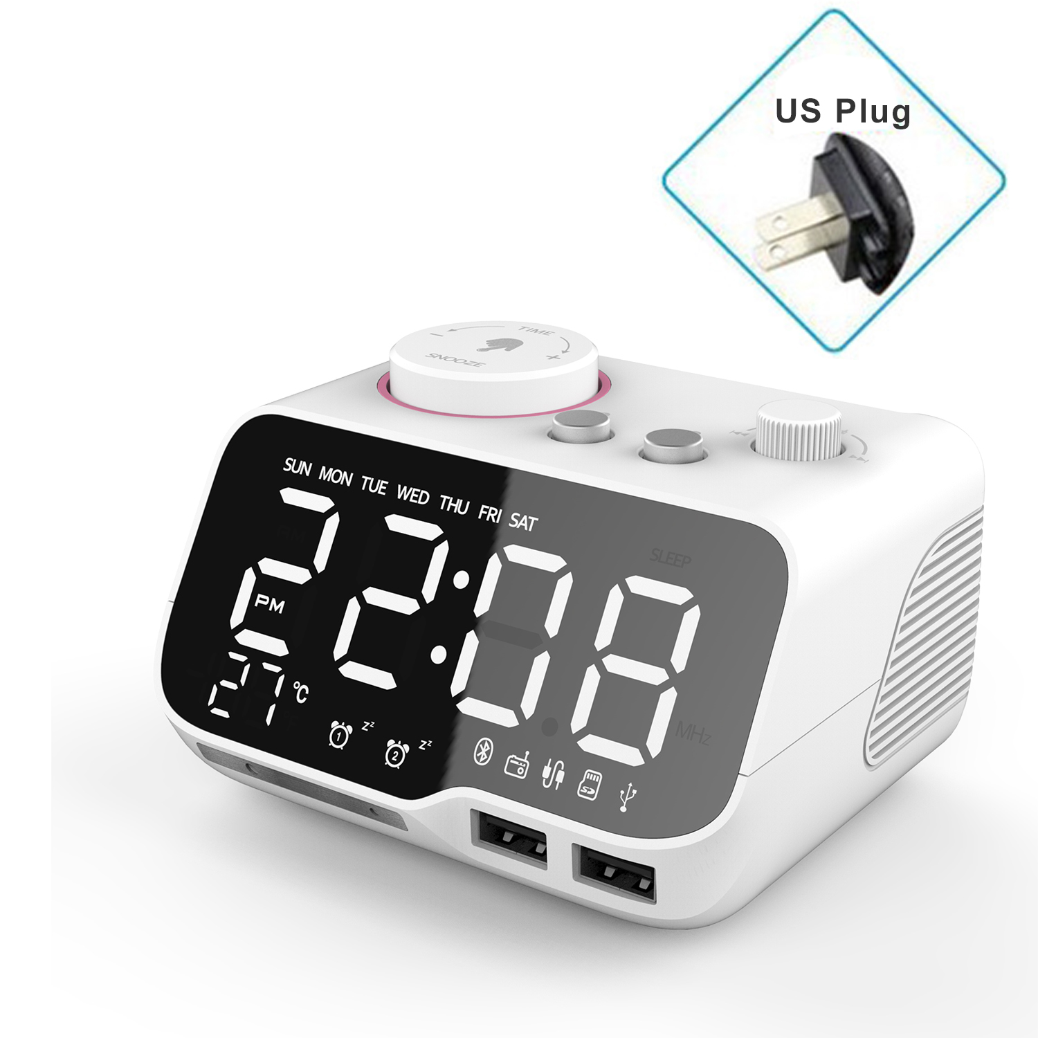 Miclock【actualizado-reloj despertador con cargador USB, despertador Digital LED con Radio FM, Altavoz Bluetooth, temperatura, repetición: White-US Plug