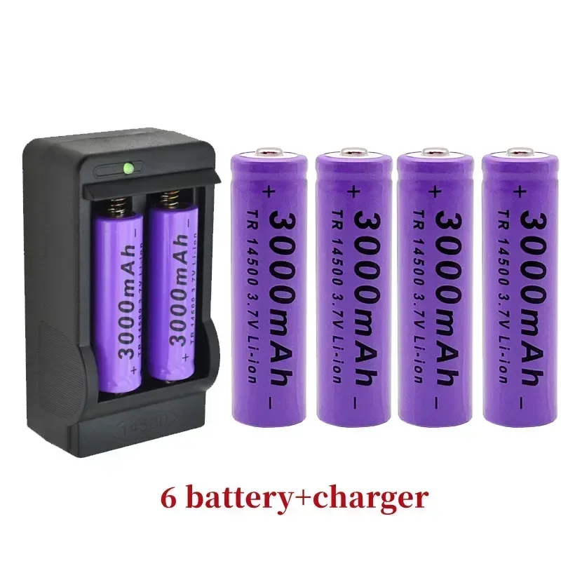 Batería de litio 14500 2025 100% la última batería recargable 3,7 V 3000mAh 14500 para linterna LED de juguete + cargador: Azul