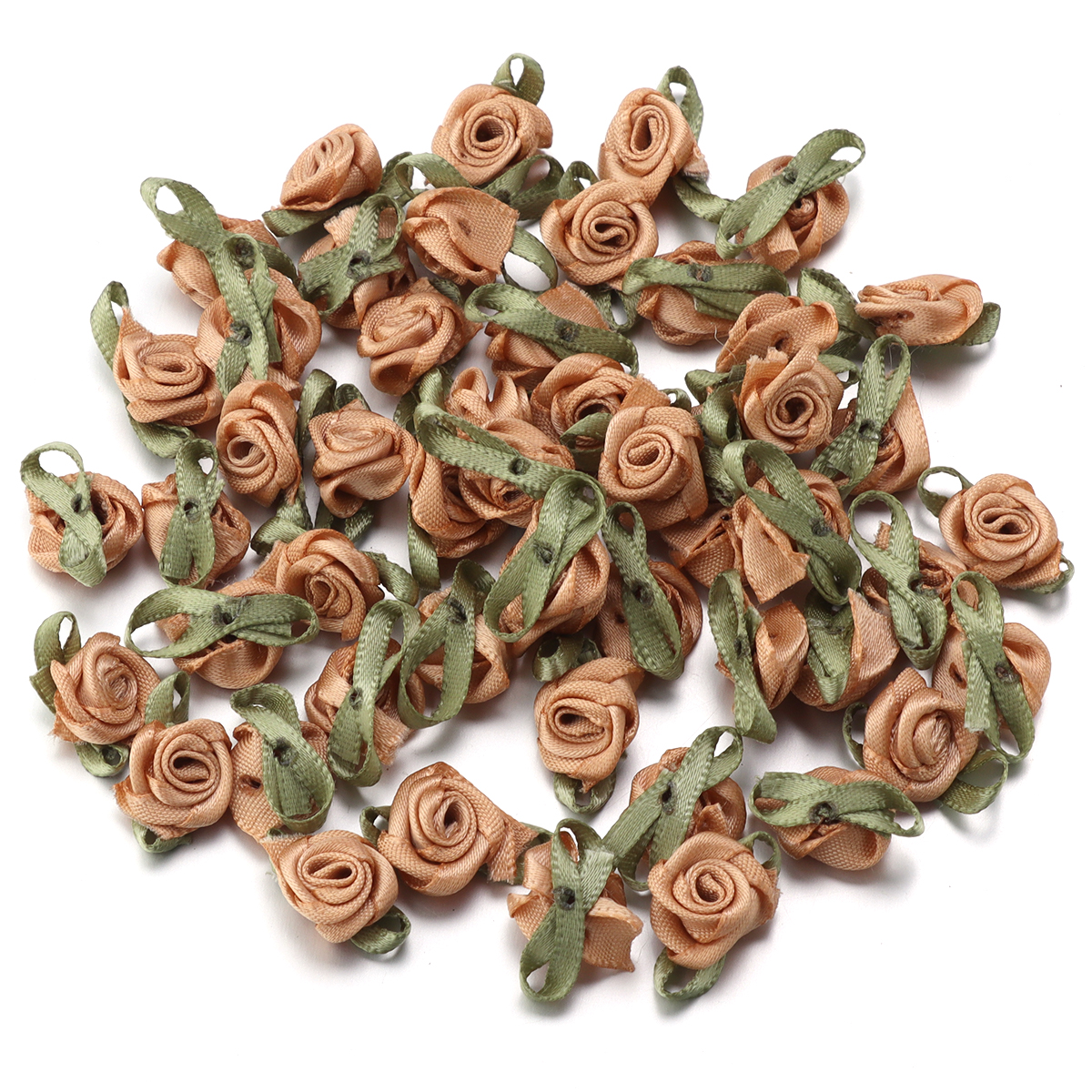 Cinta de satén para manualidades, 50 piezas, brotes de rosas de 1,5x2,5 cm, flores con hojas verdes para álbumes de recortes, sombreros, prendas de vestir, suministros de decoración de boda: Multicolor