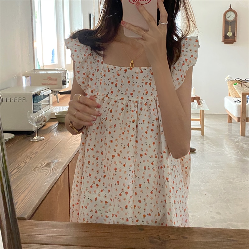 Mouwloze Zomer Nachtjapon Vrouwen Ruches Vierkante Kraag Knielange Koreaanse Kawaii Nachtkleding Japan Katoen Zoete Nacht Jurk