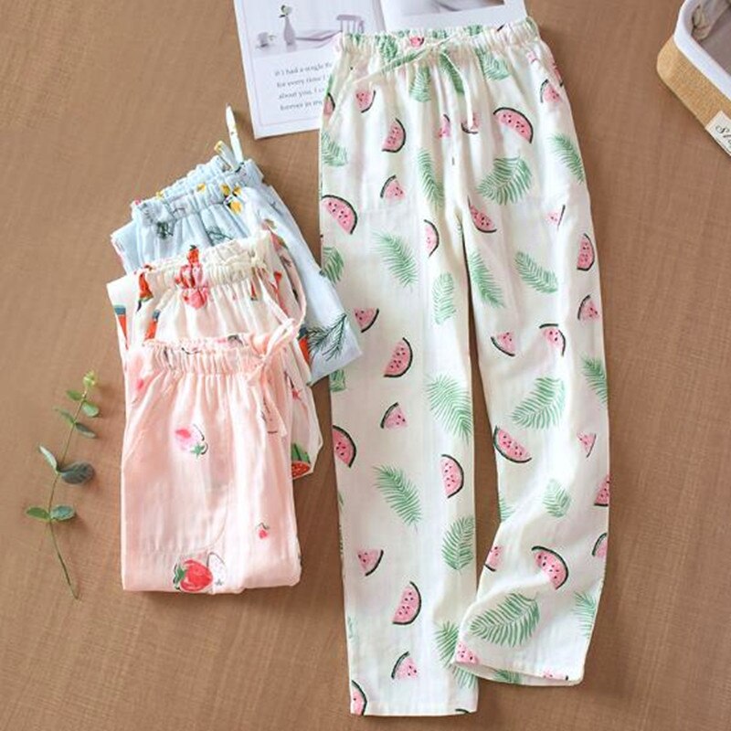 Pyjama en gaze de coton pour femmes, pantalon de maison pour dormir, automne-hiver, vêtements de salon, ample, imprimé,