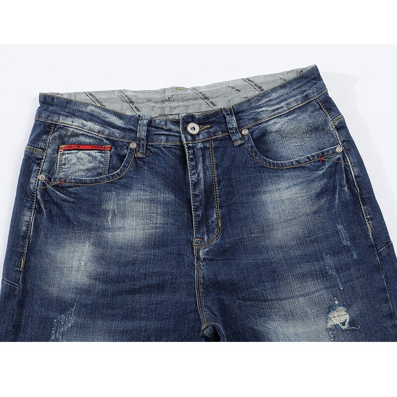 Ripped jeans til mænd stretch slim straight blue streetwear distressed hip hop herre jeans regular fit mandlige lange bukser bukser