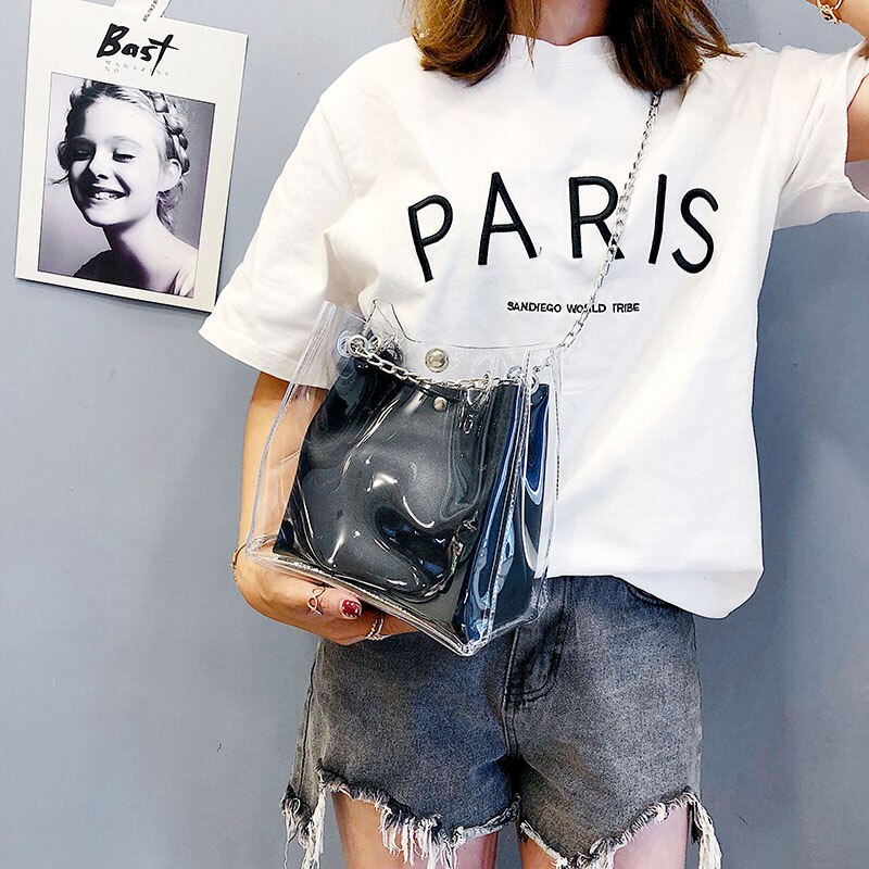 Ljl kvinner små bøtteposer plast gjennomsiktig totes kompositt kjede bag kvinnelige mini gelé håndvesker