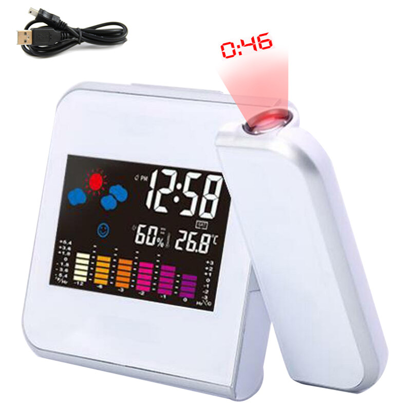 Projektion vækkeur med vejrstation termometer dato display usb oplader udsættelse led projektion digital ur: Hvid