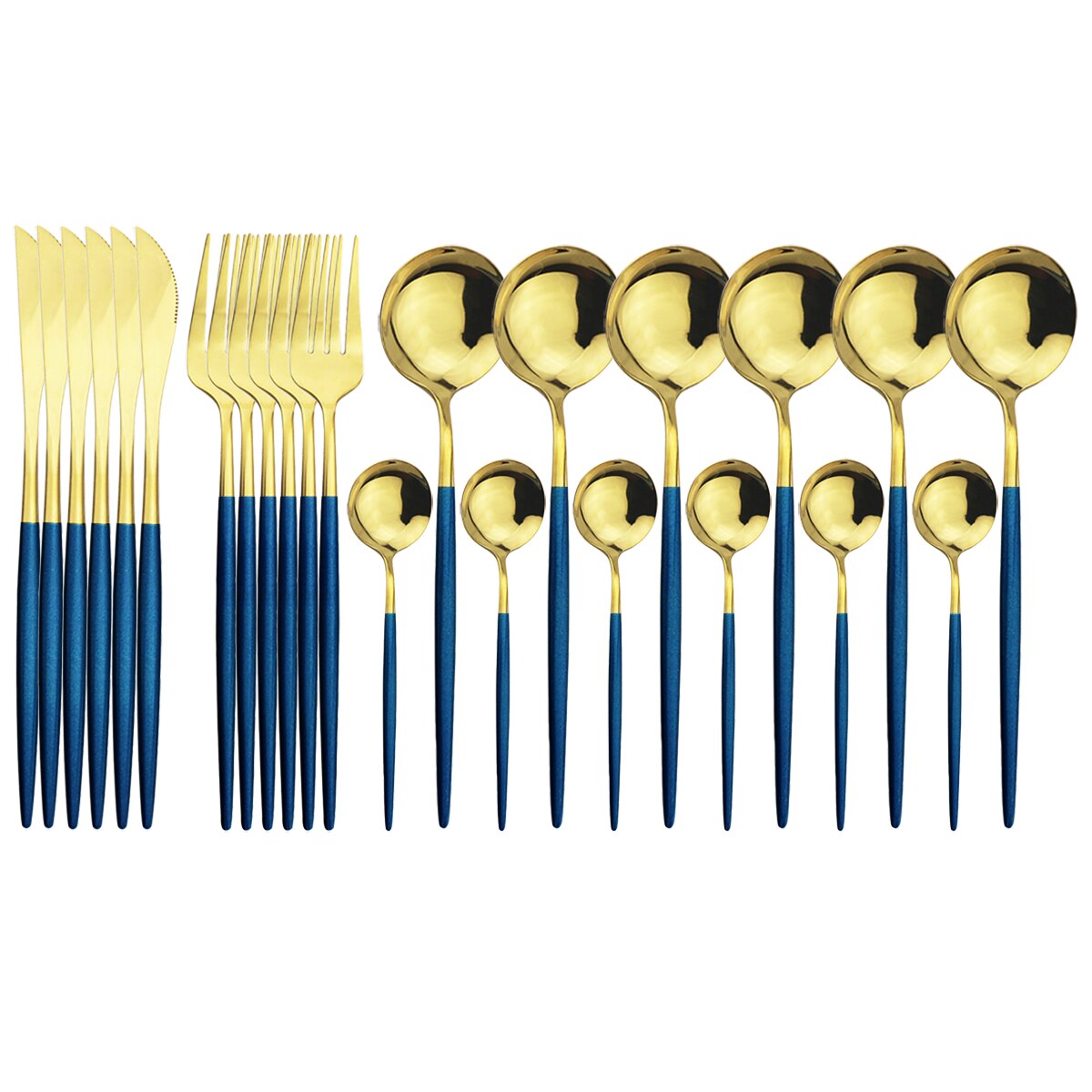 24Pcs Green Silver Cutlery Set Stainless Steel Dinnerware Set Knives Forks Spoon Dinner Tableware Set Kitchen Party Flatware Set: Blue Gold