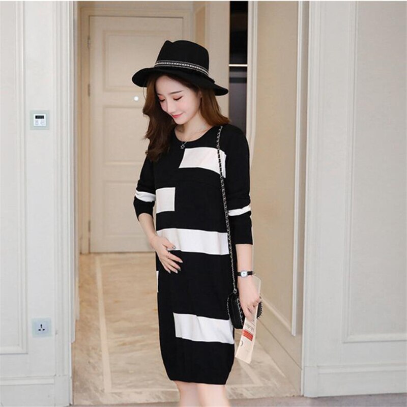 Maternité a-ligne robe pull femme enceinte en vrac épissure pull tricoté longue section robes à manches longues femme