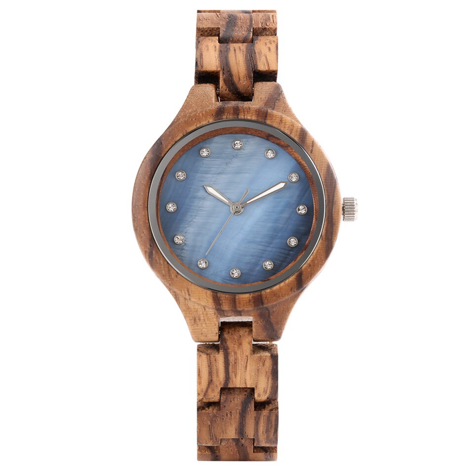 Redfire dameshorloge van hout, kwarts, stijlvol, roze/blauwe strass-steentjes, dameshorloge met houten armband en vouwsluiting: Blauwe wijzerplaat