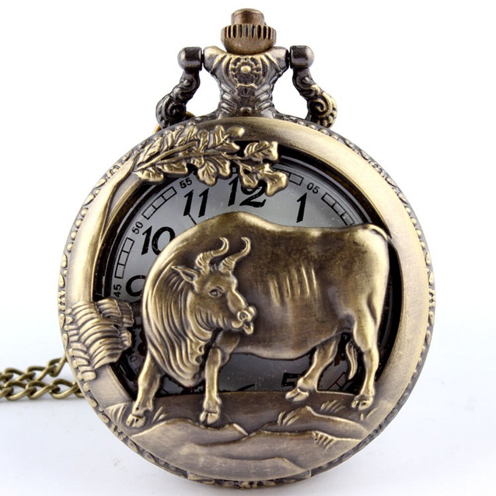 Retro Bronze Wolf Hollow Quartz Pocket Watch Mens Women Necklace Pendant FOB Chain Steampunk Pocket Watches: Cattle