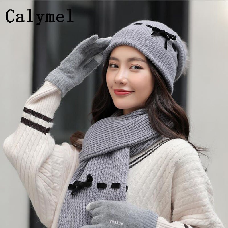 Calymel Winter Wollen Muts Sjaal Handschoenen Set Dames Mode Gebreide Set 3pcs Plus Fluwelen Dikke Outdoor Ski warm Set