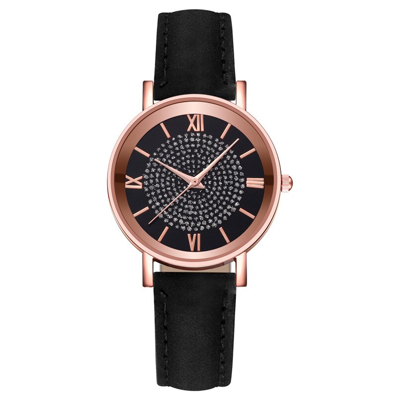 Style Starry Sky Dial Watches for Women Roman Scale Rhinestone Leather Ladies Quartz Watch Female Wrist Watch: Black