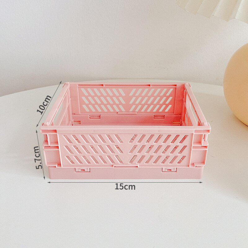 Mini Stackable Decor Stacking Folding Plastic Storage Crate Foldable Bin Baskets Tray with Handles for Shelf Grocery Kitchen: small-pink