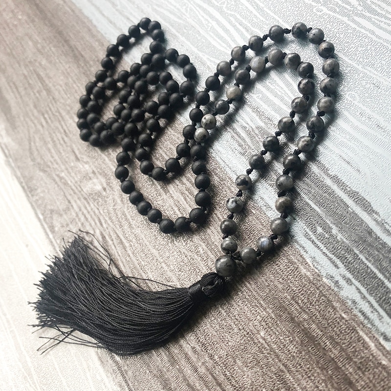 6mm Gebetskette Mala Quaste Schmuck Schwarz Onyx Und Labradorit Perlen Buddhistischen Halskette 108 Perlen Geknotet Boho Halskette Für männer