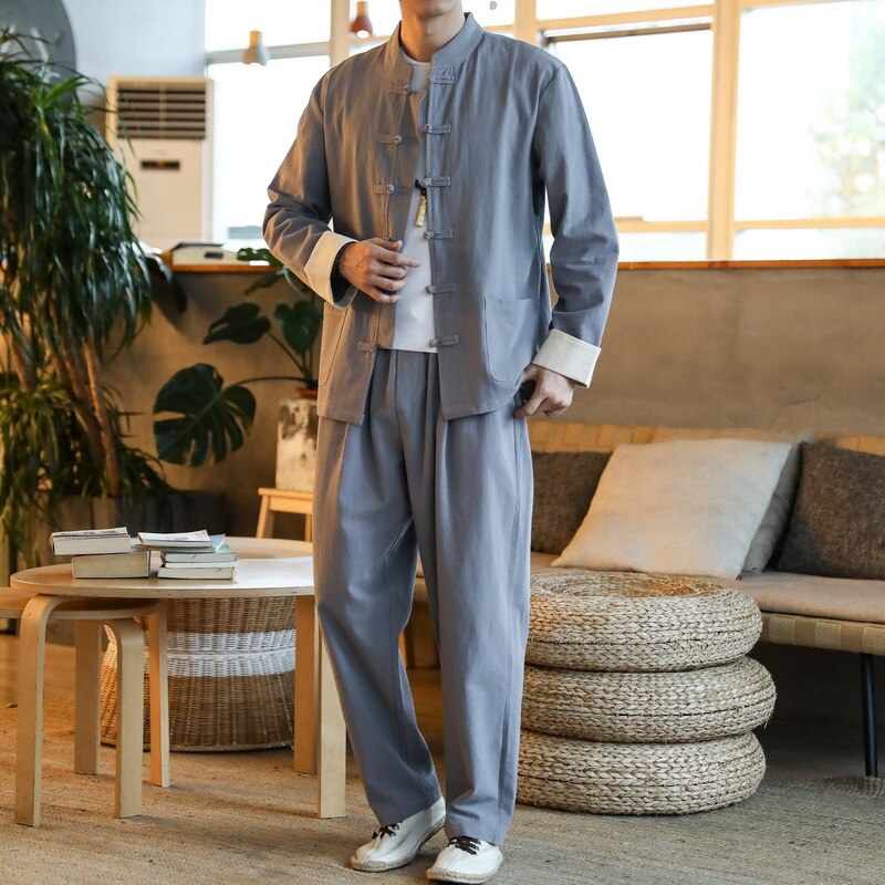 Traditionelt kinesisk jakkesæt til mænd skjorte + kinesiske bukser wushu tai chi uniform kung fu bruce lee jakke festivaltøj