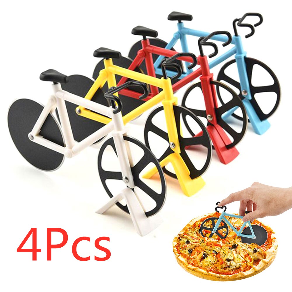 Bicycle Pizza Cutter Knives Stainless Steel Two-wheel Pizza Cutting Knife Non-stick Pizza Wheels Chopper Slicer with Holder: 4pcs 4colors