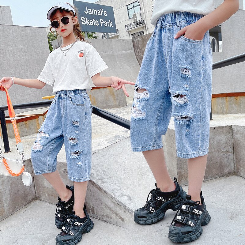 jugendlich Mädchen Kurze Jeans Elastische Taille Sommer Neue Ankünfte Koreanische Beliebte Dünne Denim See Zerrissene Hosen Für freundlicher 3-12 jahre