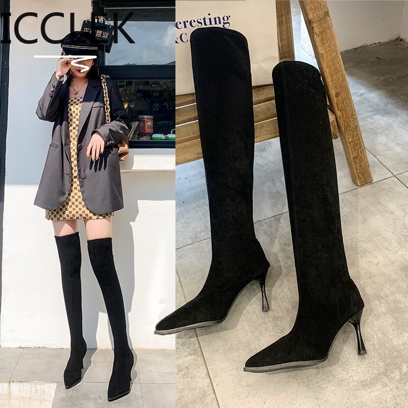 Bottes au dessus du genou en tissu extensible pour femme, chaussures longues, cuisses hautes, Sexy, hiver,