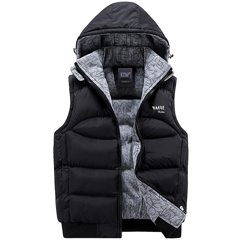 Mode Mouwloze Jas Mannen Verdikking 100% Katoenen Vest Hoed Hooded Warm Vest Winter Vest Mannen Casual Windjack: XXXL / zwart