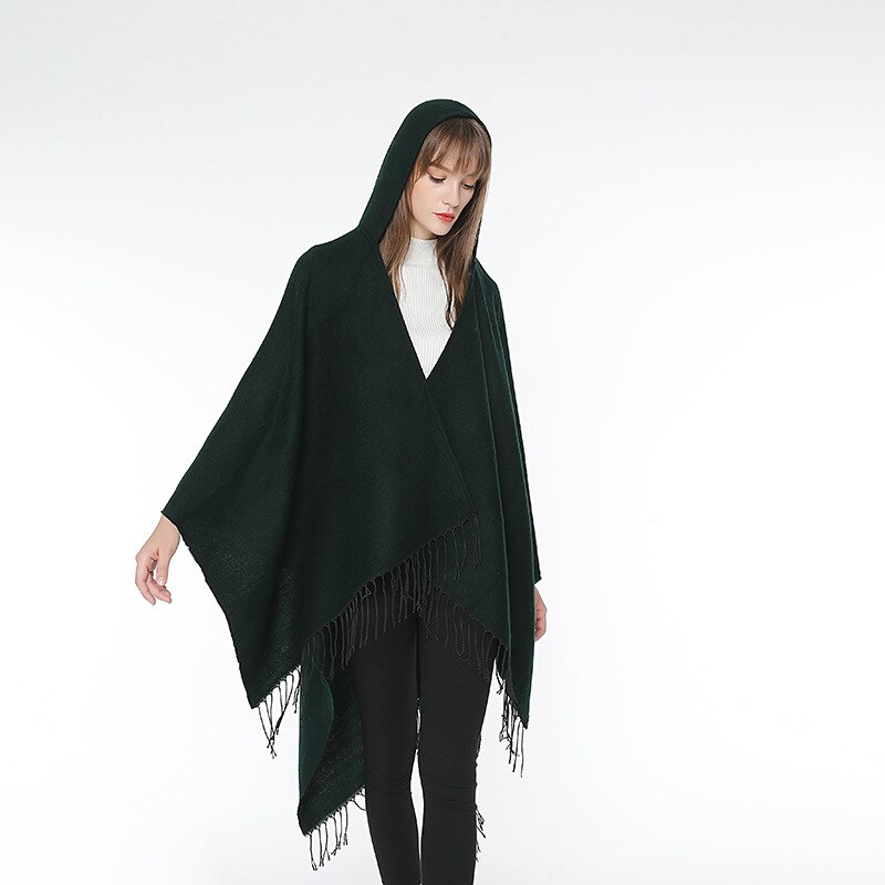 Cape effen kleur mantel capuchon sjaal dames herfst winter sjaal reizen imitatie kasjmier all-match eenvoudig warme dikke poncho: Donkergroen