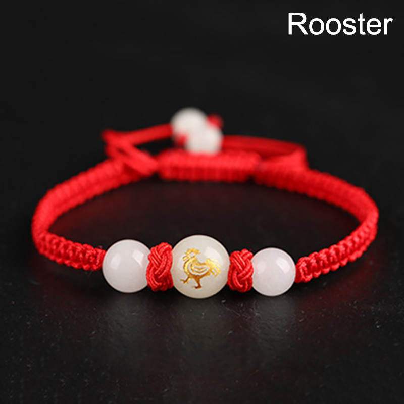 Chinese Stijl 12 Dierenriem Dieren Armband Unisex Handgemaakte Gevlochten Rode Draad Lucky Lichtgevende Steen Verstelbare Armband Paar: Rooster