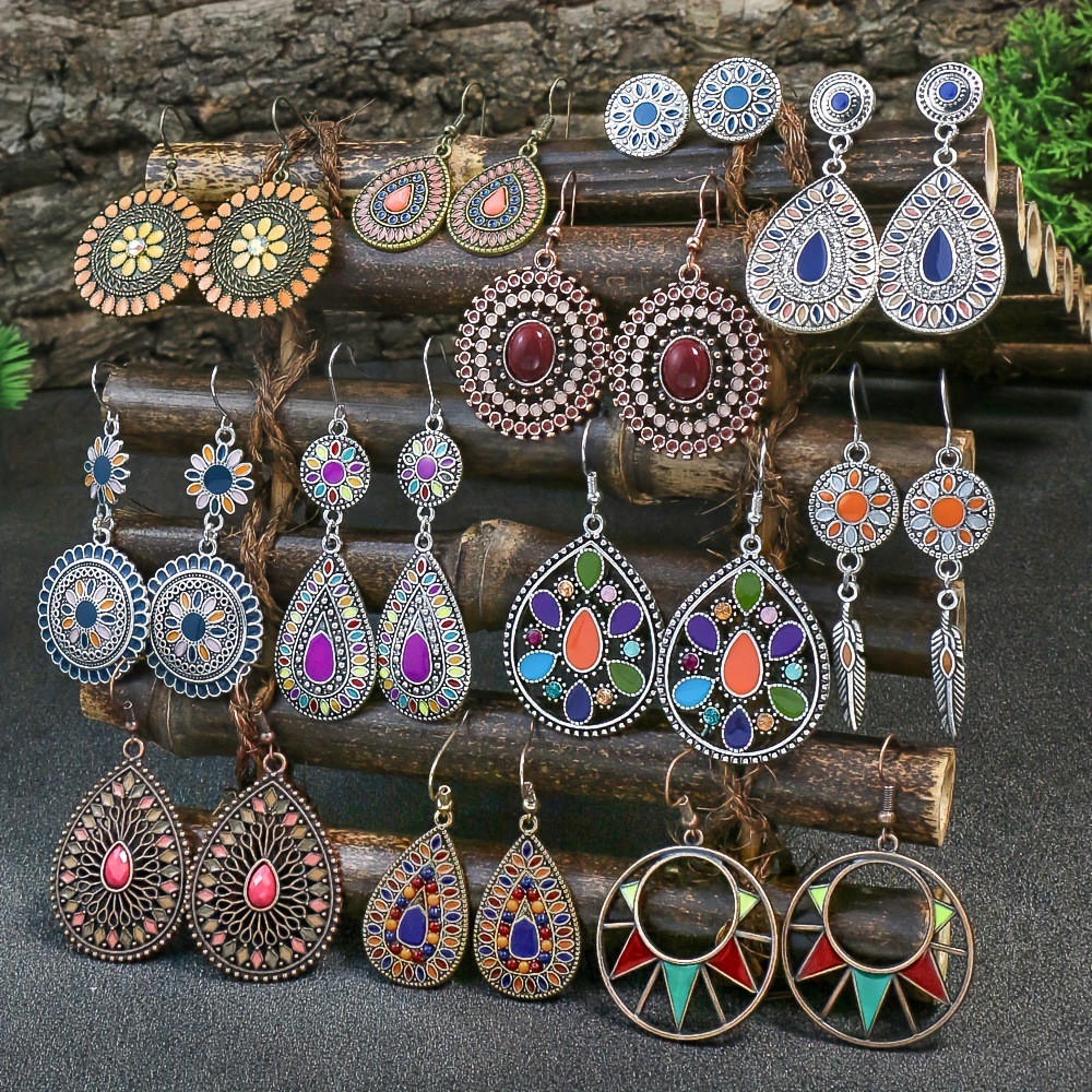 Pendientes de gota de agua de aleación étnica bohemia para mujer, pendientes colgantes de aceite de gota Multicolor Retro, joyería para diaria y vacaciones