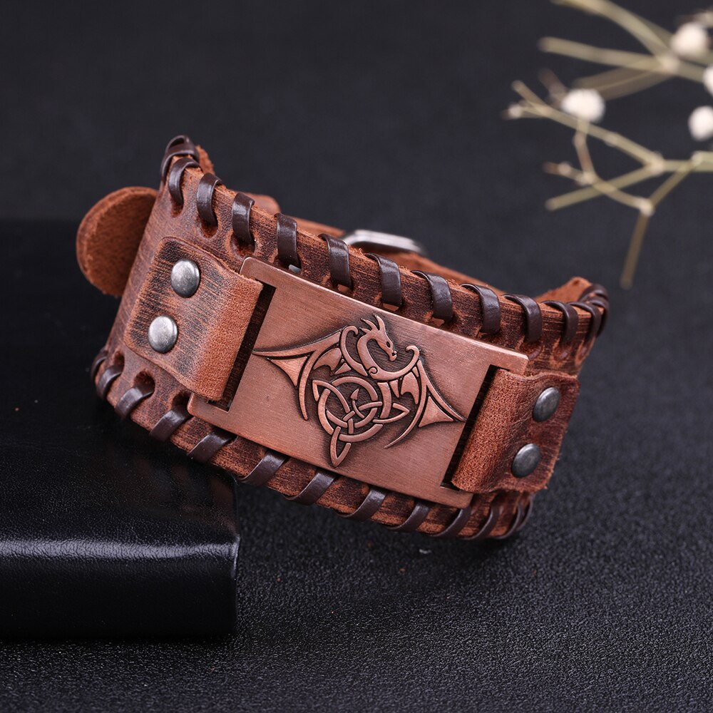 LIKGREAT Vintage Wicca Symbol Triqueta Pterosauria Dragon Charm Bracelets for Men Black Brown Leather Wrap Bracelet Cool Jewelry