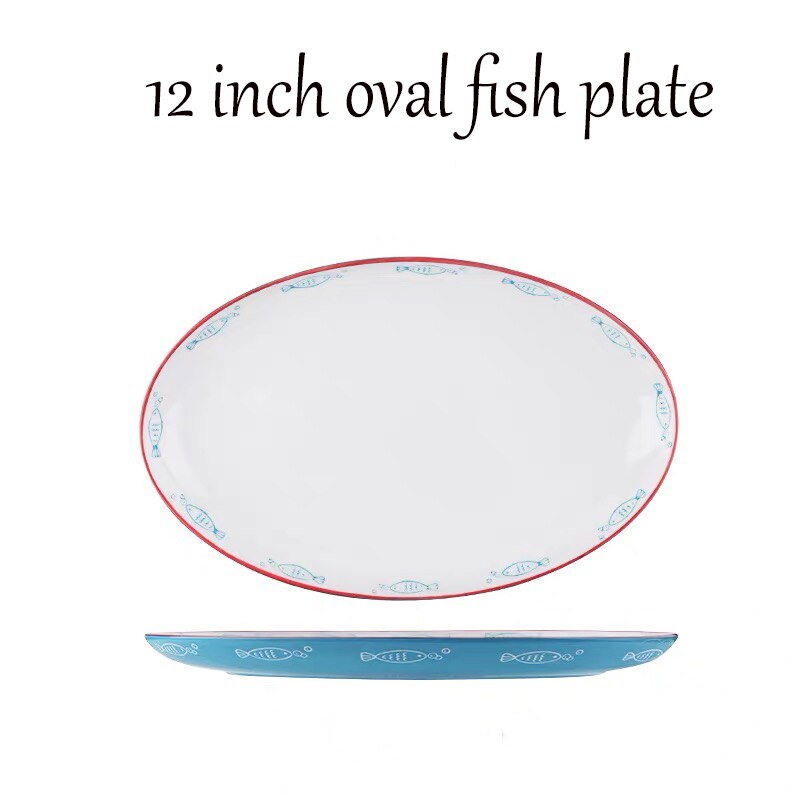 Ceramic Steamed fish plate 8/10/12inch round oval dish with disc clamp heat resisitant procelain tableware dinner set: 12inch oval plate