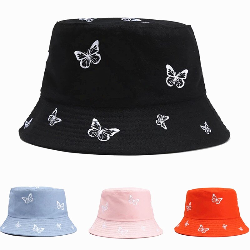 Sombrero de pescador con bordado de mariposa para hombre y mujer, gorra de pescador con bordado de mariposa, doble cara, de algodón, protección solar, 2022