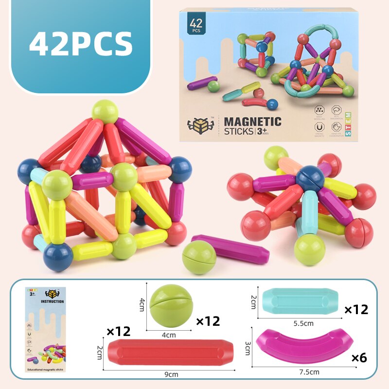 Juguetes de barra magnética Variable para niños, juguetes de bolas magnéticas de colores, rompecabezas magnético de barra magnética de 36-64 piezas, juguete educativo: 42PCS