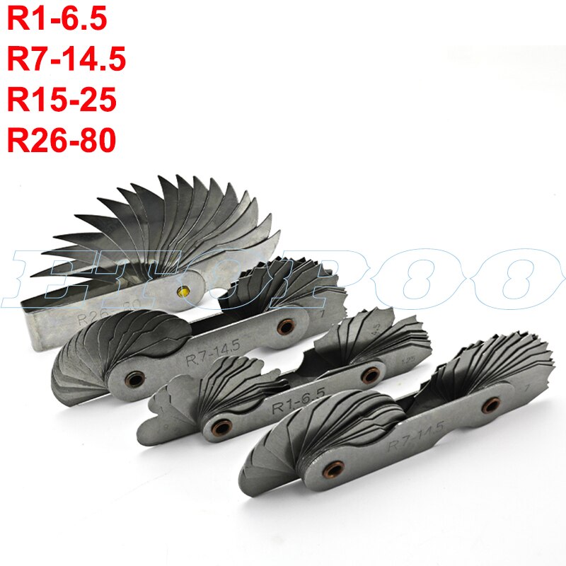 4pcs Radius Gauges Stainless Steel R1-6.5/R7-14.5/R15-25/R26-80mm Concave Convex arc Silver Tone Measuring Tools: 4pcs set