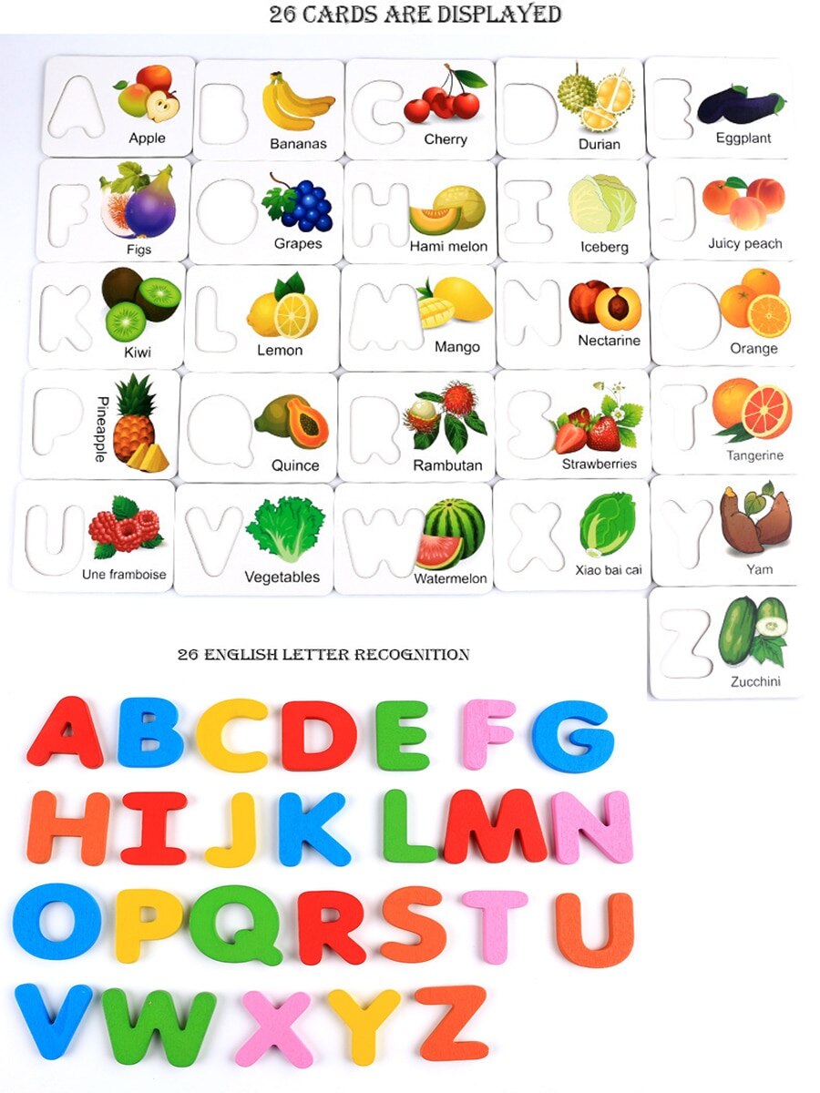 freundlicher ABC Englisch Buchstaben Kognitiven Karten Holz Obst Gemüse Alphabet Lernen Passenden Rätsel Spielzeug