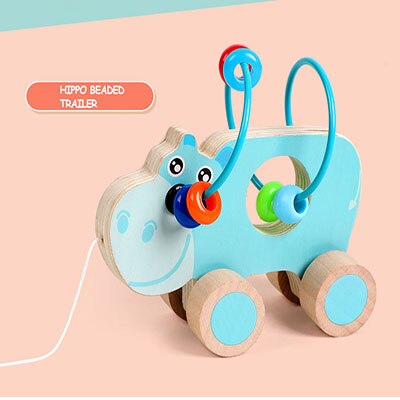 Cartoon Children Drag And Toy Animals Around The Pearl Toy Trailer Colorful Baby Visual Training Toys: Hippo