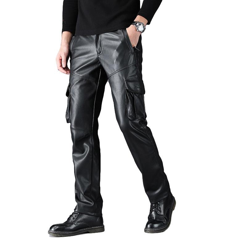 Mannen Pu Lederen Cargo Broek Motorfiets Biker Lederen Broek Zwart Elastische Straight Fit Lederen Broek Voor Mannelijke