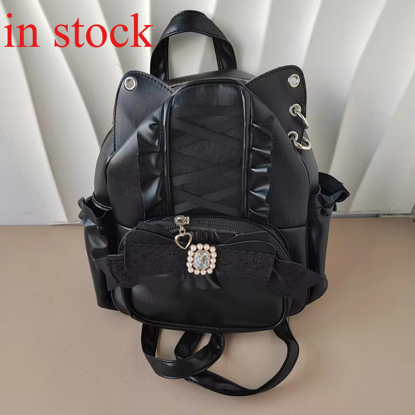 Koronkowy plecak szkolny z kocimi uszami Japonia Lolita Ita Mochila Słodki wielki Pojemność Mochilas Mujer 2025 Nowy łuk kobiety torby student plecak: czarny