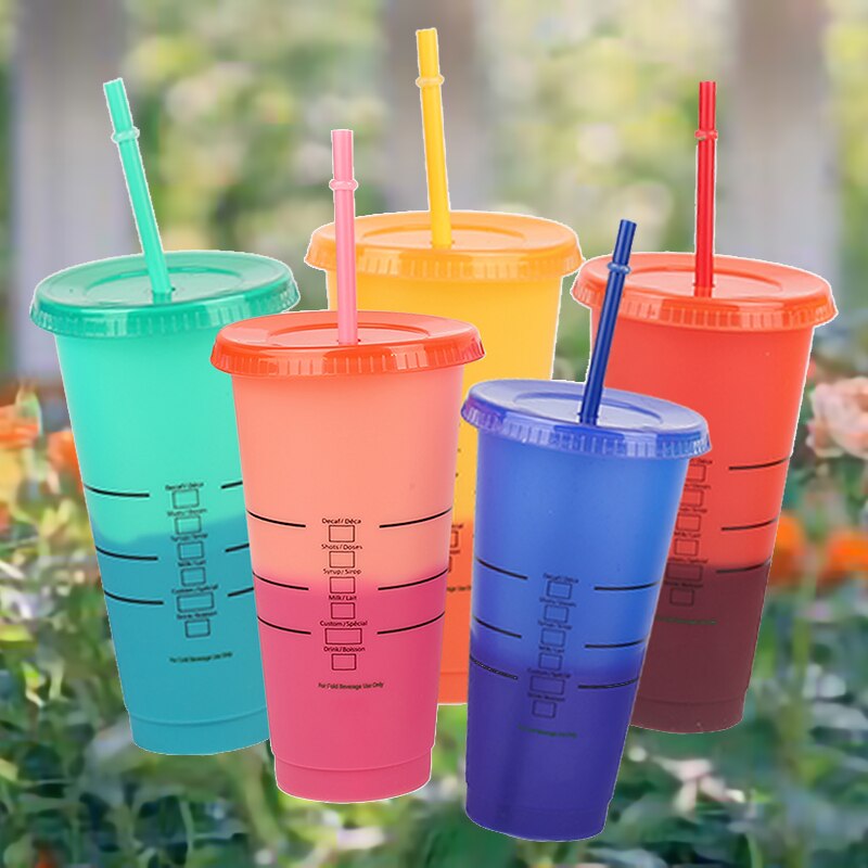 Tasse de paille réutilisable pour jus de café, tasse à couleur changeante, gobelets froids, fond en plastique, pour l'extérieur, Portable,