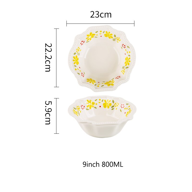 Bol de petit déjeuner à fleurs jaunes rétro, plat à pâtes , assiette à Steak en céramique: 9inch bowl