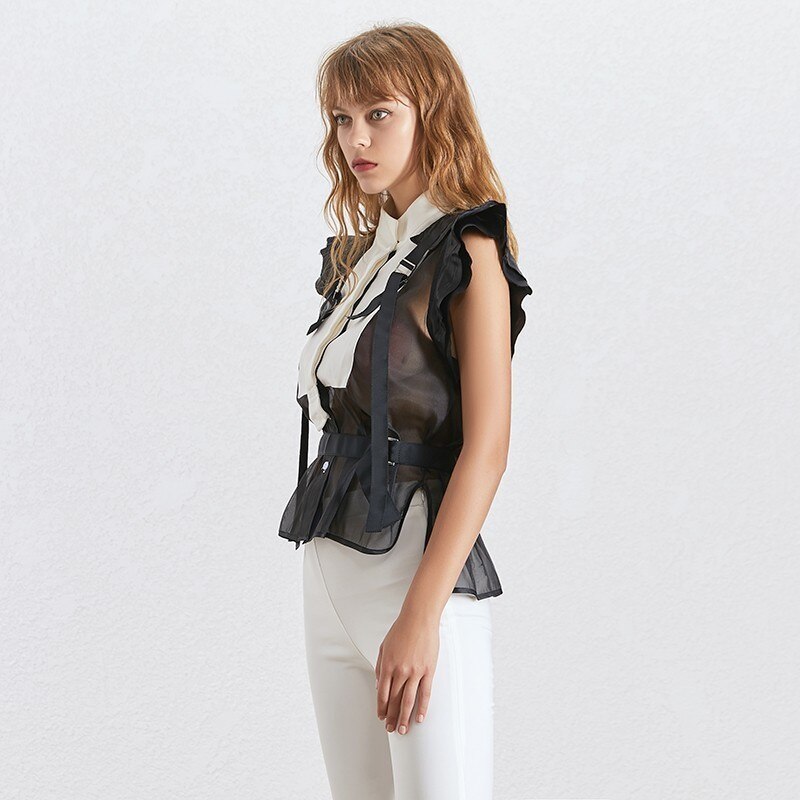 Twotwinstyle raidallinen hihaton naisten pusero seisontakaulus olkapäältä side tunika paita naisten vaatteet kesä