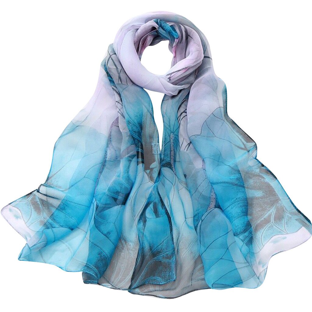 Bufandas de seda para mujer, chal largo y suave con estampado de loto, chal de gasa para playa y verano: Sky Blue